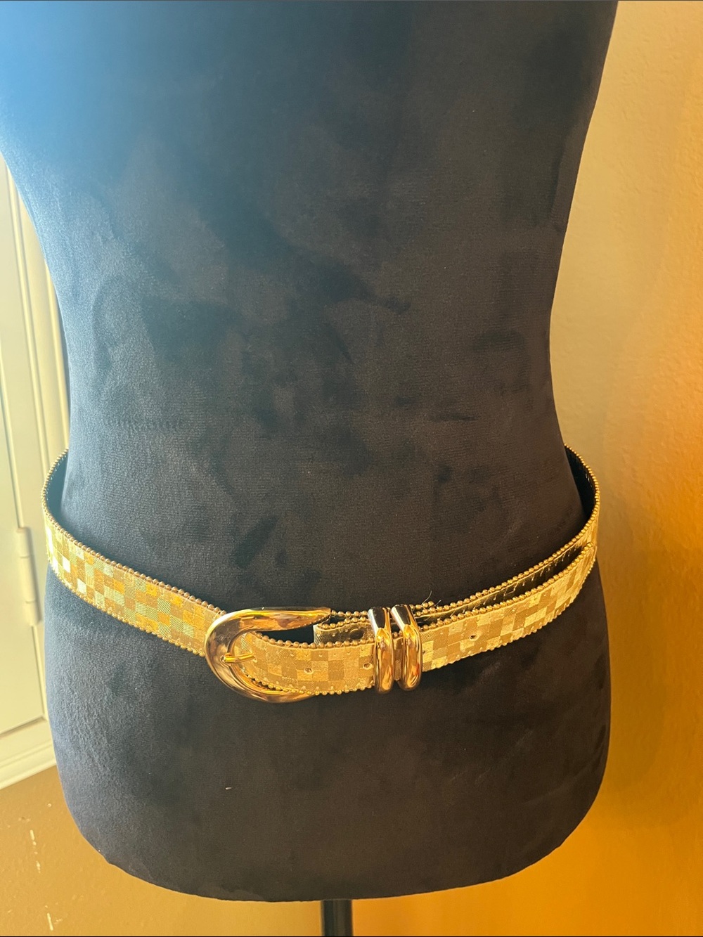 Gold Checkered Metallic Women's Waist Belt with Polished Buckle